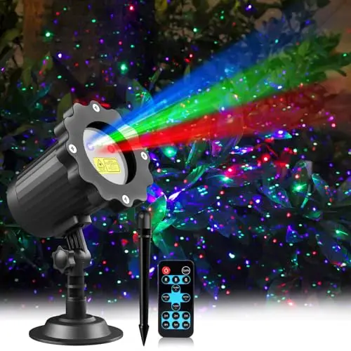 Qardoz RGB firefly laser projector creating moving light effects on patio and garden