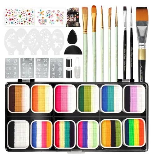 Pintada face painting kit with 12 colors, brushes, stencils, and gems for kids
