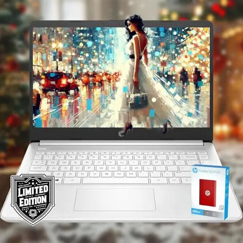 HP 14 inch laptop in snow white with back to school bundle