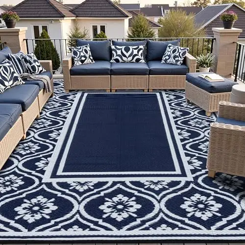 HUGEAR blue and white reversible outdoor rug for RV and camping