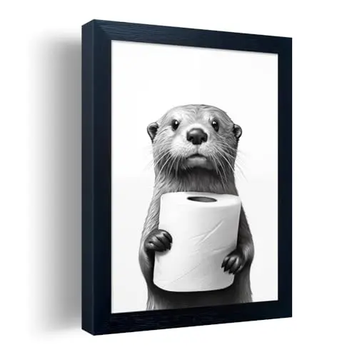 Black and white bathroom raccoon wall art with toilet paper