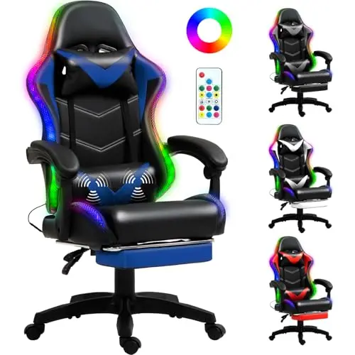 Racing style chair with headrest, lumbar massager, and RGB