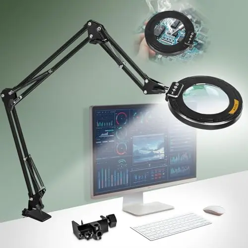 NUEYiO desk magnifying lamp with 12X magnification and 3-section swing arm