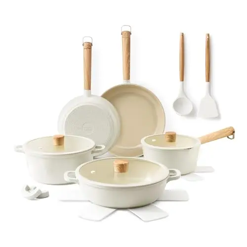 SENSARTE 15-piece ceramic cookware set with swivel handles in cream color