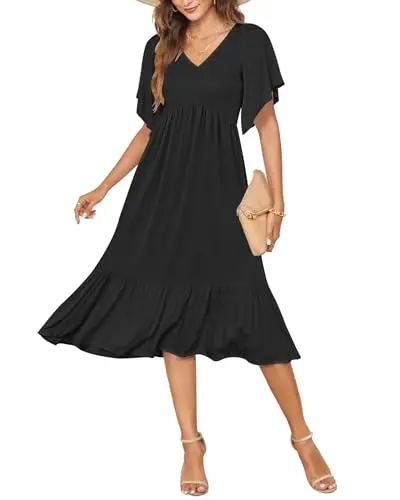 Smocked Flutter Sleeve V-Neck Midi Dress