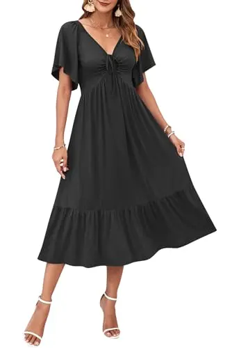 Drawstring Pleating Flutter Sleeve Midi Dress