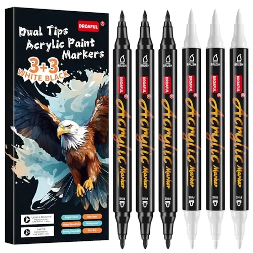 Droaful black and white acrylic paint markers with dual tips on dark canvas