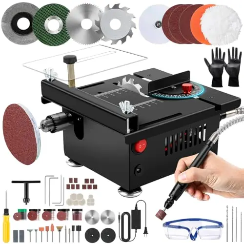 Nicklaua mini table saw with over 100 accessories laid out
