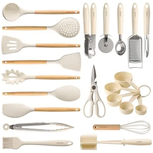 CAROTE 22-piece silicone utensil set with wood handles in cream white