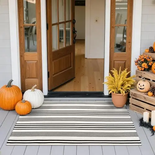 Sungea black and white striped reversible outdoor rug
