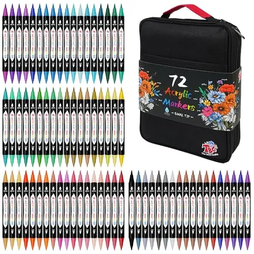 TBC Acrylic Paint Markers set with 72 dual-tip markers in a carrying case