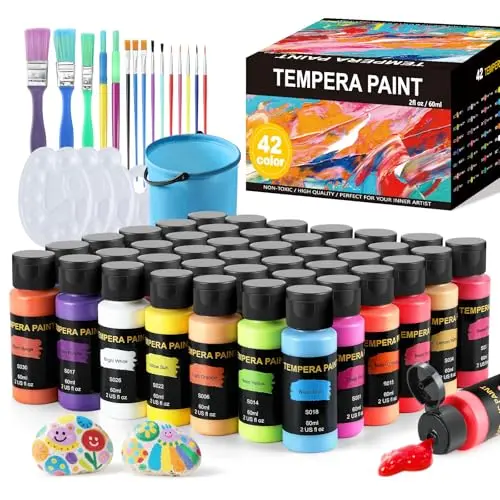 TMOL 42-color washable paint set with brushes, palettes, and buckets