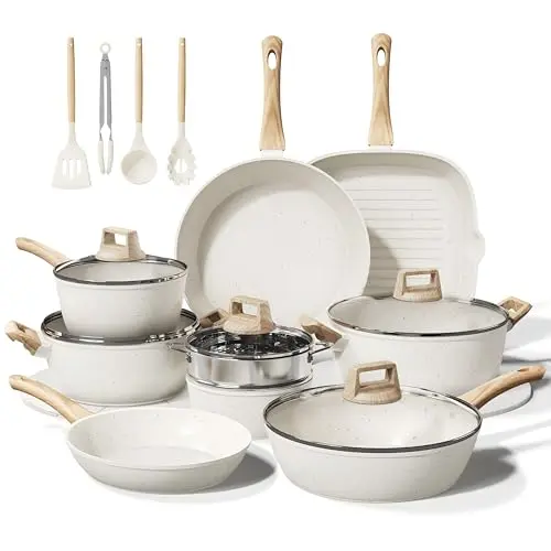 Bazova 24-piece ceramic cookware set displayed on kitchen counter