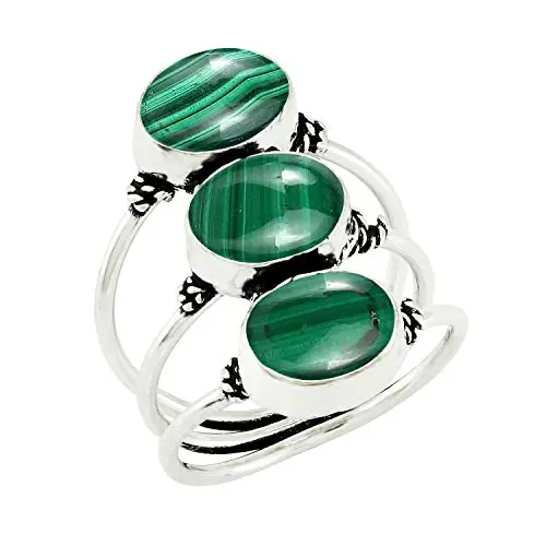 Silver plated malachite ring with three natural stones in triple band design