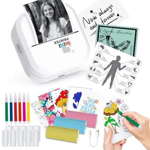 Tommax P1 portable thermal sticker printer in white with paper assortment