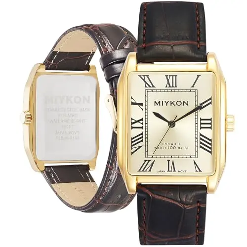Square Gold Dress Watch with Brown Leather