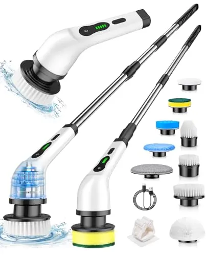 Lxlu electric spin scrubber with nine brush heads and long handle