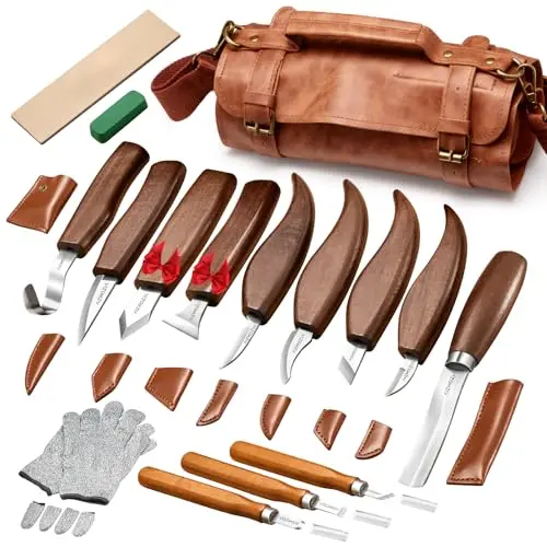 AIZMOZIA wood carving kit with leather roll bag