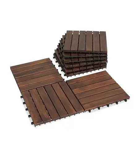VICTORY RELAX acacia wood patio deck tiles with 6-slat design showing drainage channels