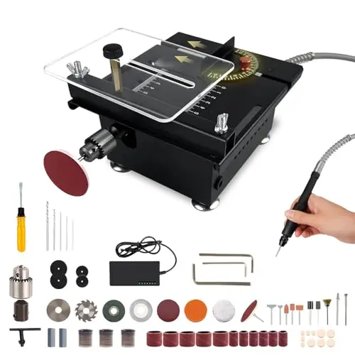 AVIF mini table saw in black with multiple accessories displayed