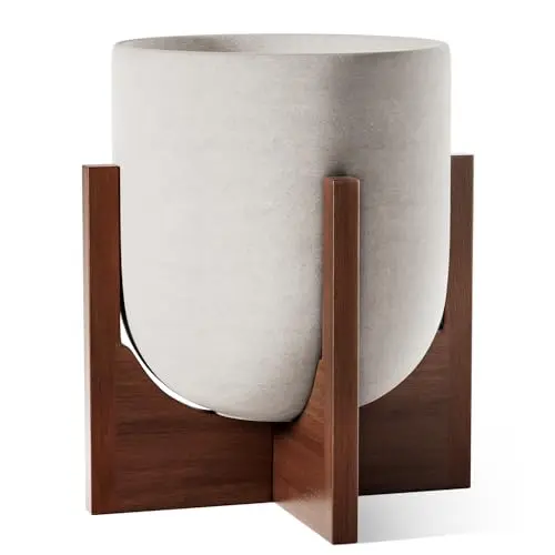 Ceramic Pot & Acacia Stand, Neutral Gray