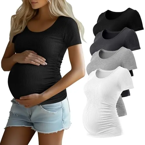 Cotton Ribbed Scoop-Neck Short Sleeves