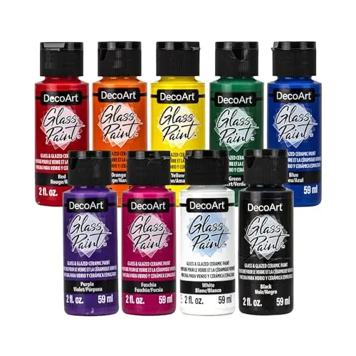 DecoArt acrylic glass paint set with primary colors in satin finish