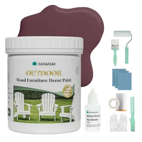 Jungarian Dark Auburn 2K furniture paint can with tools for outdoor use