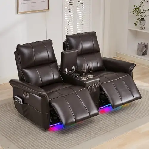Power Recline, LED, Sound, USB, Cup Holders - Brown