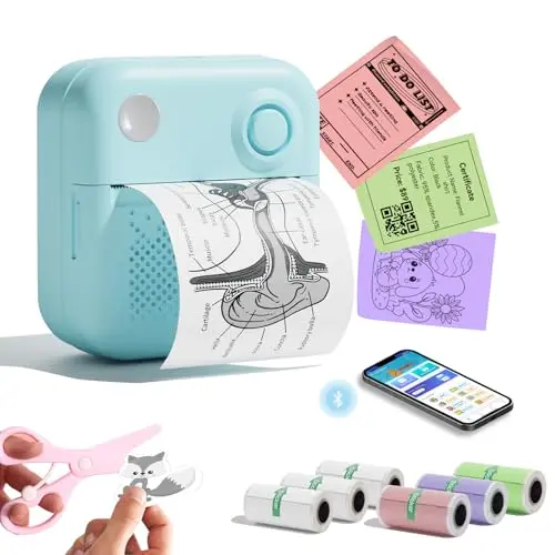 LAIBEAR portable mini sticker printer in blue with multiple paper rolls