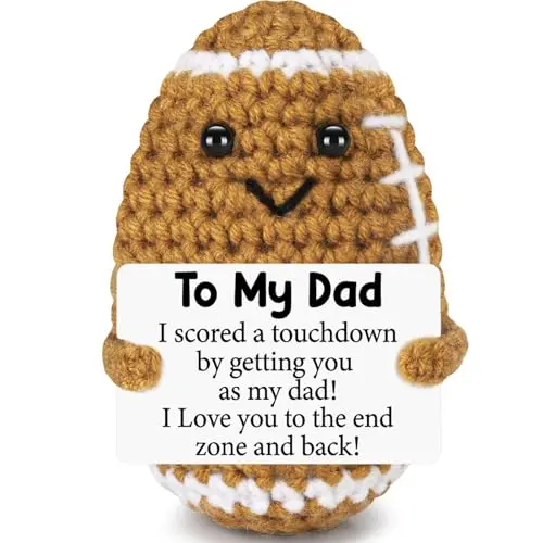 Handmade crochet football doll with positive message for dads