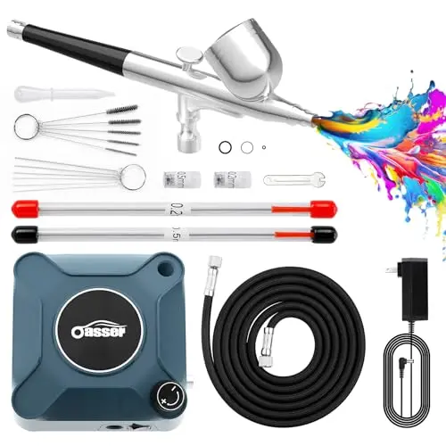 OASSER airbrush kit with compressor and multiple nozzles