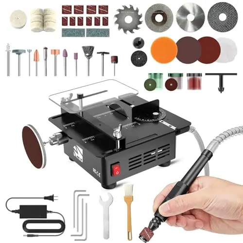 M-T mini table saw in black with engraving tools