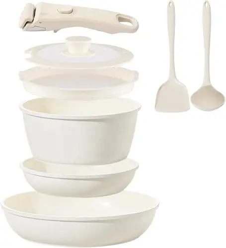 Coicur 8-piece ceramic cookware set with detachable handles stacked neatly