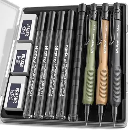Nicpro 1.3mm mechanical pencils in tactical colors with weatherproof barrel