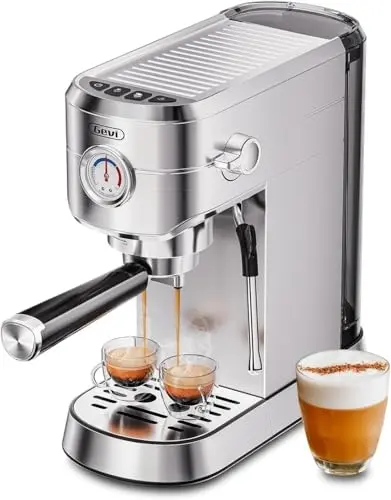 Gevi commercial espresso machine with milk frother and pressure gauge