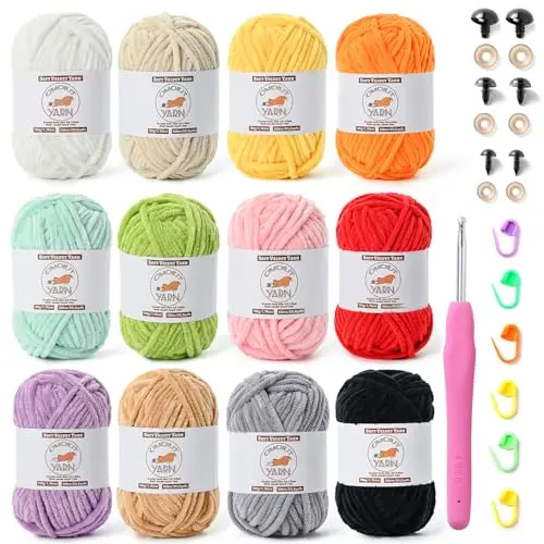 12 pack of multicolored fluffy velvet yarn with crochet hook