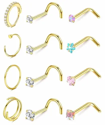 Gold-filled nose rings and studs with cubic zirconia in various designs