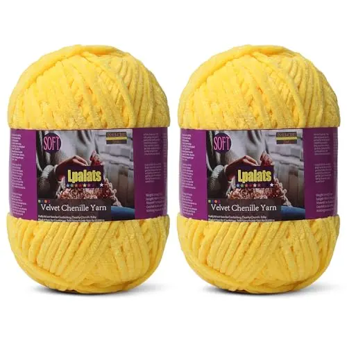Lpalats Baby Blanket Yarn in Yellow color showing chunky chenille texture