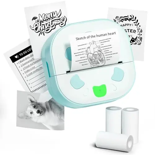 NDYIN D21 mini portable sticker printer in blue with paper rolls