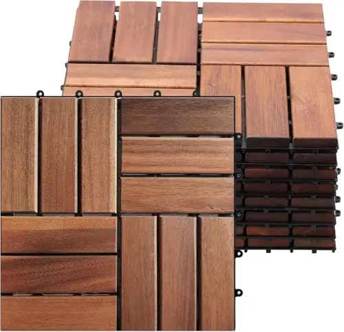 Arrowstone brown acacia wood interlocking deck tiles with raised polypropylene base
