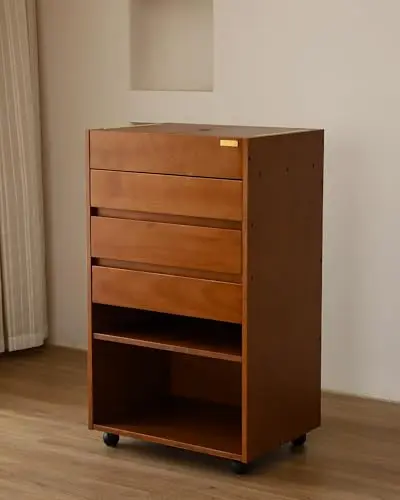 DJAR wooden art cabinet with drawers, compartments, and caster wheels