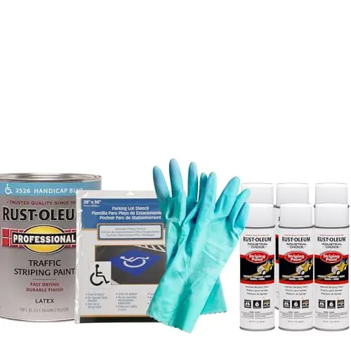 Extra Mile at Home parking lot striping kit with blue paint, white spray cans, and ADA stencil