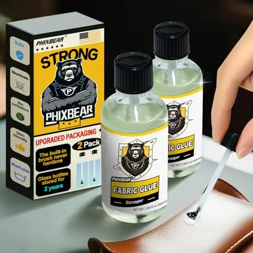 PHIXBEAR Fabric Adhesive in glass bottle with built-in brush