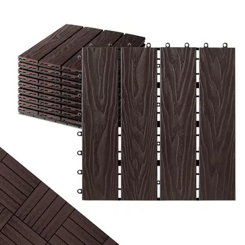 SHUNHONG polymer composite deck tiles in dark brown showing wood-grain texture