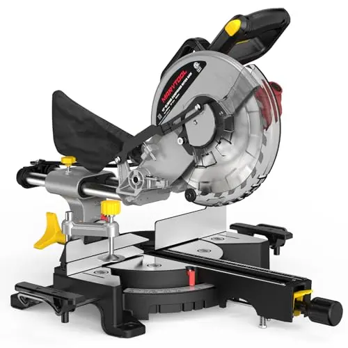 Marvtool 10-inch sliding compound miter saw in black with extension tables