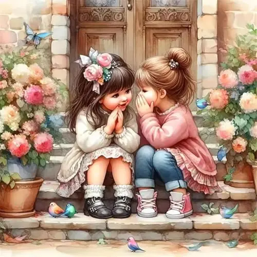 Girl paint by numbers kit with cute bestie and flower design on canvas