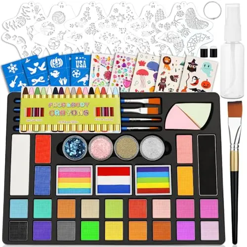 Flasoo face paint kit with crayons, paints, and stencils