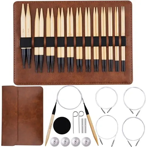 WAZAIGUR bamboo interchangeable circular knitting needles set in natural wood color