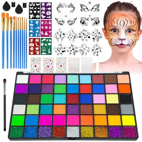 MULVINNIE face painting kit with 54 colors, UV paints, and stencils